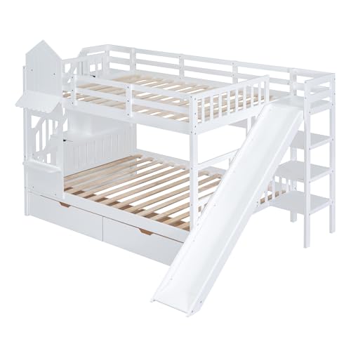 Kids Bunk Bed with Stairs and Slide, Wood Twin Over Twin Bunk Bed with Storage Drawers and Shelves, Castle Style Bunk Beds for Kids Teens Girls Boys