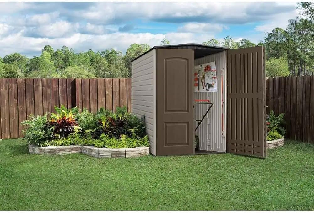 Rubbermaid Large Vertical Resin Outdoor Storage Shed With Floor (5 x 6 Ft), Weather Resistant, Brown