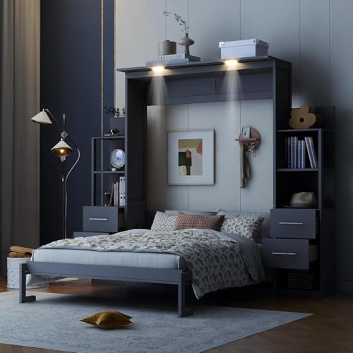 MERITLINE Queen Murphy Bed with Storage Drawers,LED Lights and Shelves,Wood Murphy Wall Bed Cabinet for Adults (Grey)