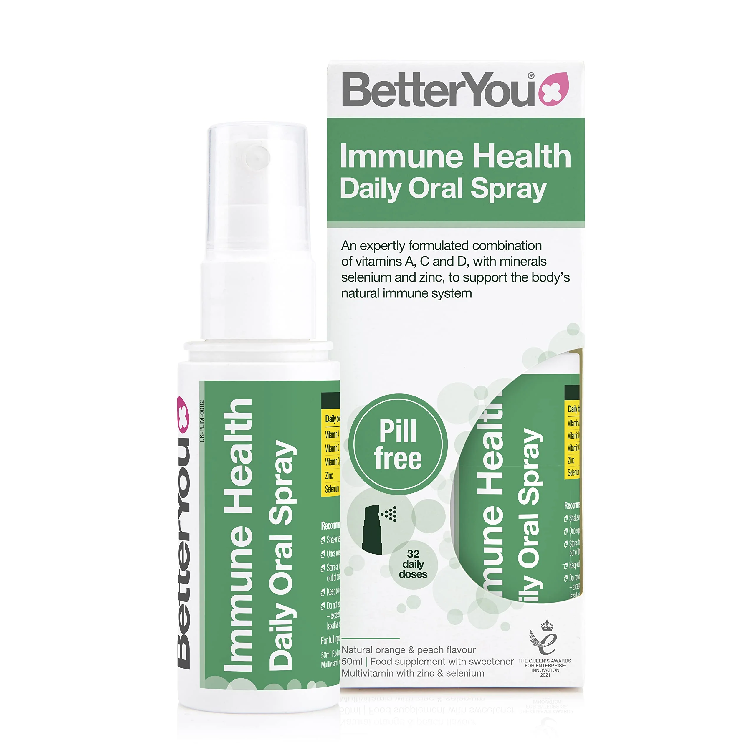 BETTERYOU Immune Health Daily Oral Spray, Pill-Free Multivitamin Supplement, Vitamins A, C and D with Minerals Selenium and Zinc, 1-month Supply