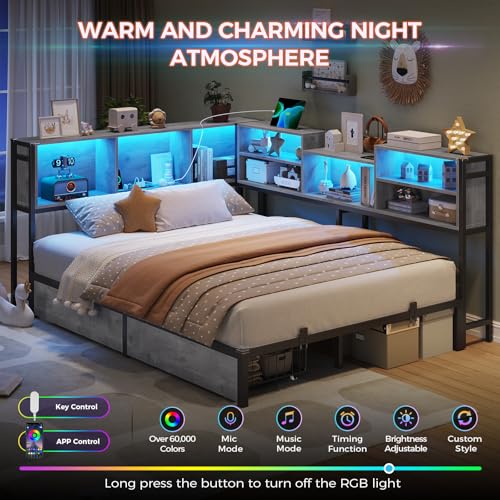 DICTAC Corner Twin Bed Frame with Bookcase Storage and Led Lights Metal Twin Size Platform Beds with Storage and Charging Station Twin Daybed with 2
