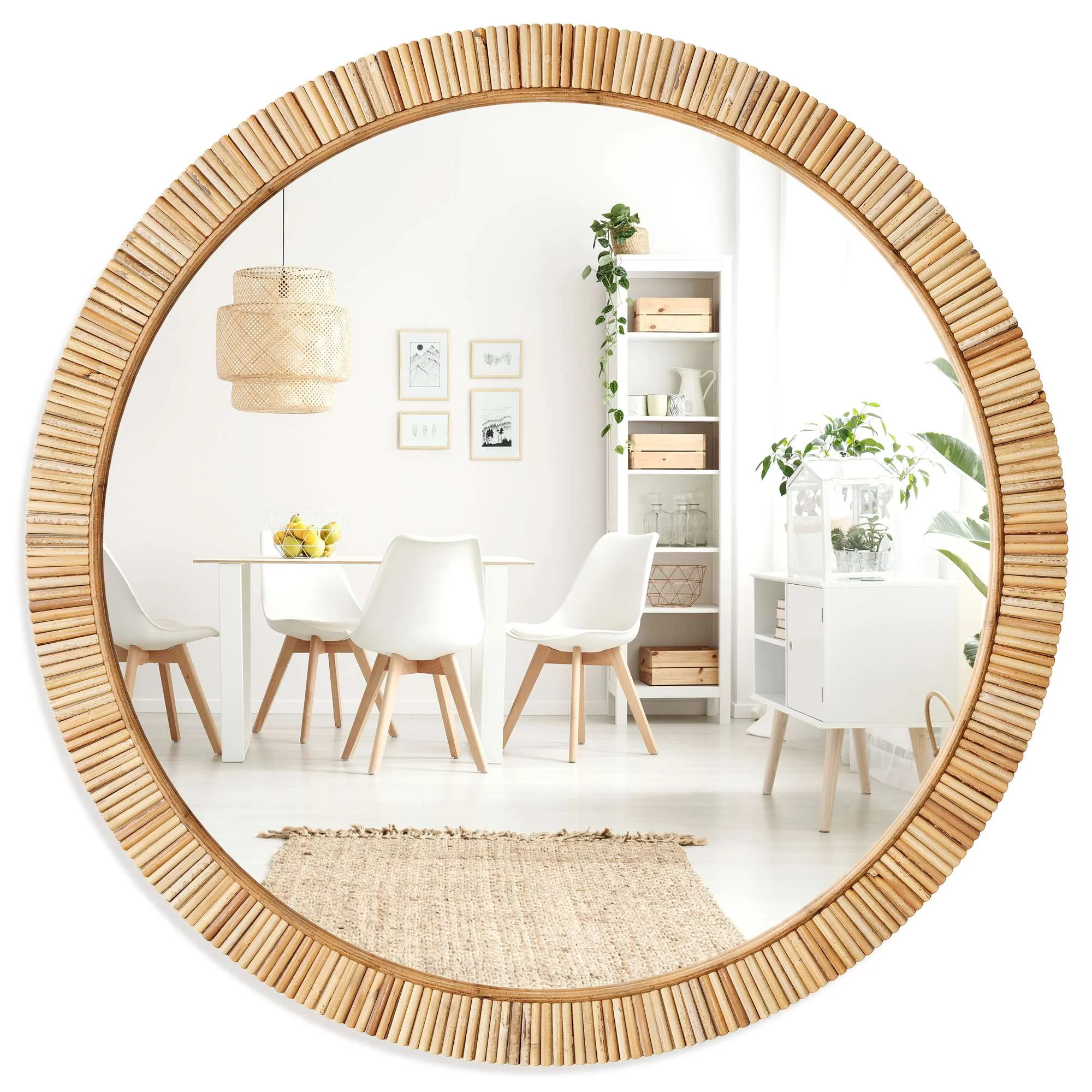 25.5" Rattan Round Bathroom Mirror - Boho Mirror for Nursery Wall Decor - Handmade Wicker Rattan Mirrors for Wall with Rustic Design