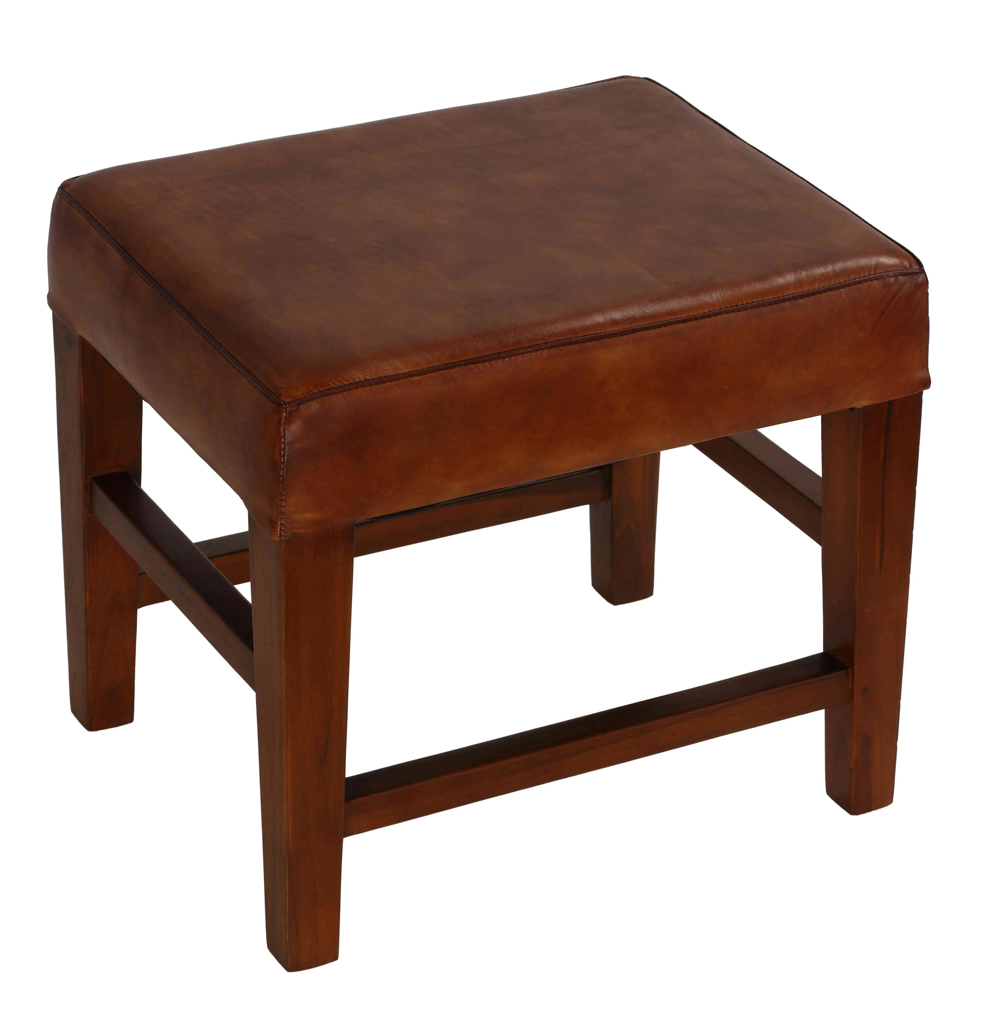 Bare Decor Alvin Genuine Leather Ottoman with Solid Teak Wood Legs, Brown