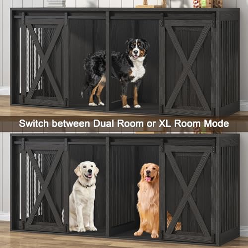 78.7" XXL Dog Crate Furniture for 2 Large Dogs, Heavy Duty Double Dog Cage Large Breed, 35.4" Tall Thick Wooden Dog Kennel TV Stand with Divider