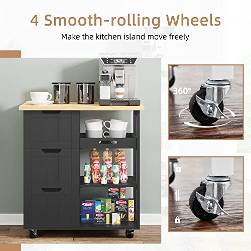 Shintenchi Rolling Kitchen Island Cart with Folding Drop Leaf Breakfast Bar, Portable Trolley Island with Large Storage Cabinet, Shelf and Drawer