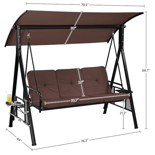 Yaheetech 3-Seat Deluxe Outdoor Patio Porch Swing with Angle-Adjustable Sunshade/Cupholder/Lie Down Hanging Chair, Lounge Chair for 3 People