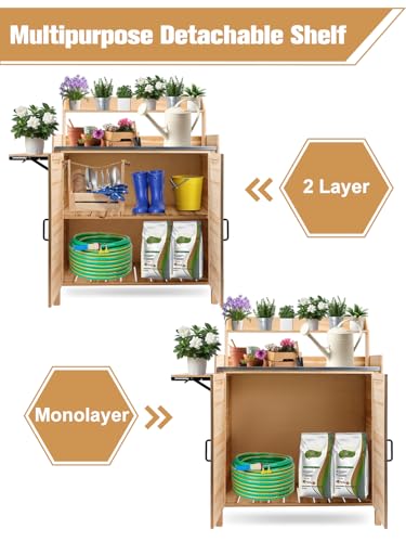 Kalolary Potting Bench for Outside Garden Potting Table with Storage Cabinet Foldable Shelf Multipurpose Garden Workstation Wooden Outdoor Potting
