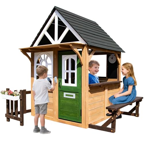 Kids Outdoor Playhouse,Cedar Gray Wooden Play House for Kids Ages 3-8, with Play Kitchen, Interactive Doorbell, Toy Phone, Sink, Flowerpot