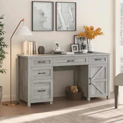 Farmhouse 61'' Executive Desk with 5 Drawers, Rustic Office Desk Computer Desk with Charging Station, File Drawers and Storage Cabinet