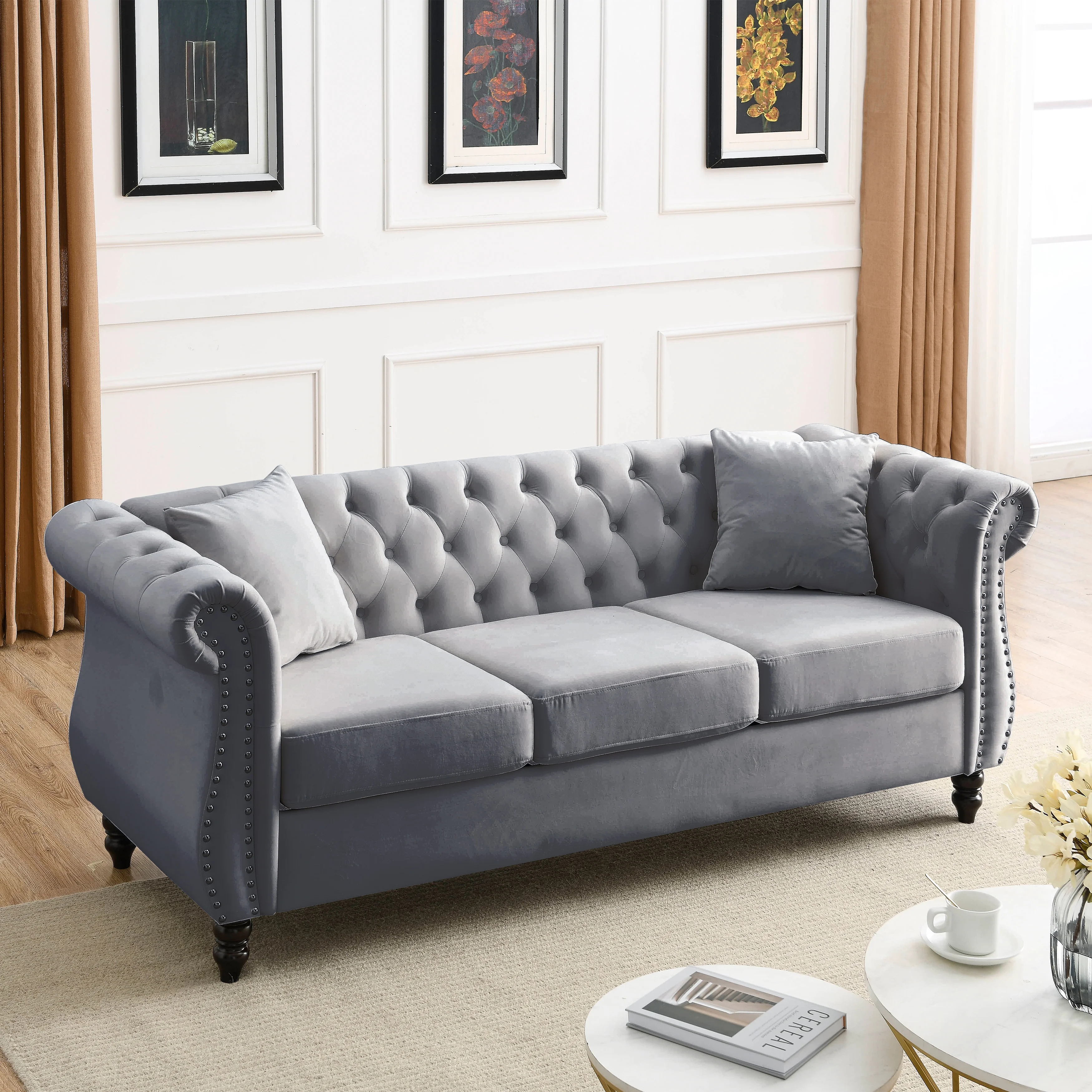 Ufurpie 80" 3-Seater Velvet Chesterfield Sofa with 2 Pillows,Tufted Couch with Rolled Arms and Nailhead,for Living Room,Bedroom,Office,Apartment,Gray