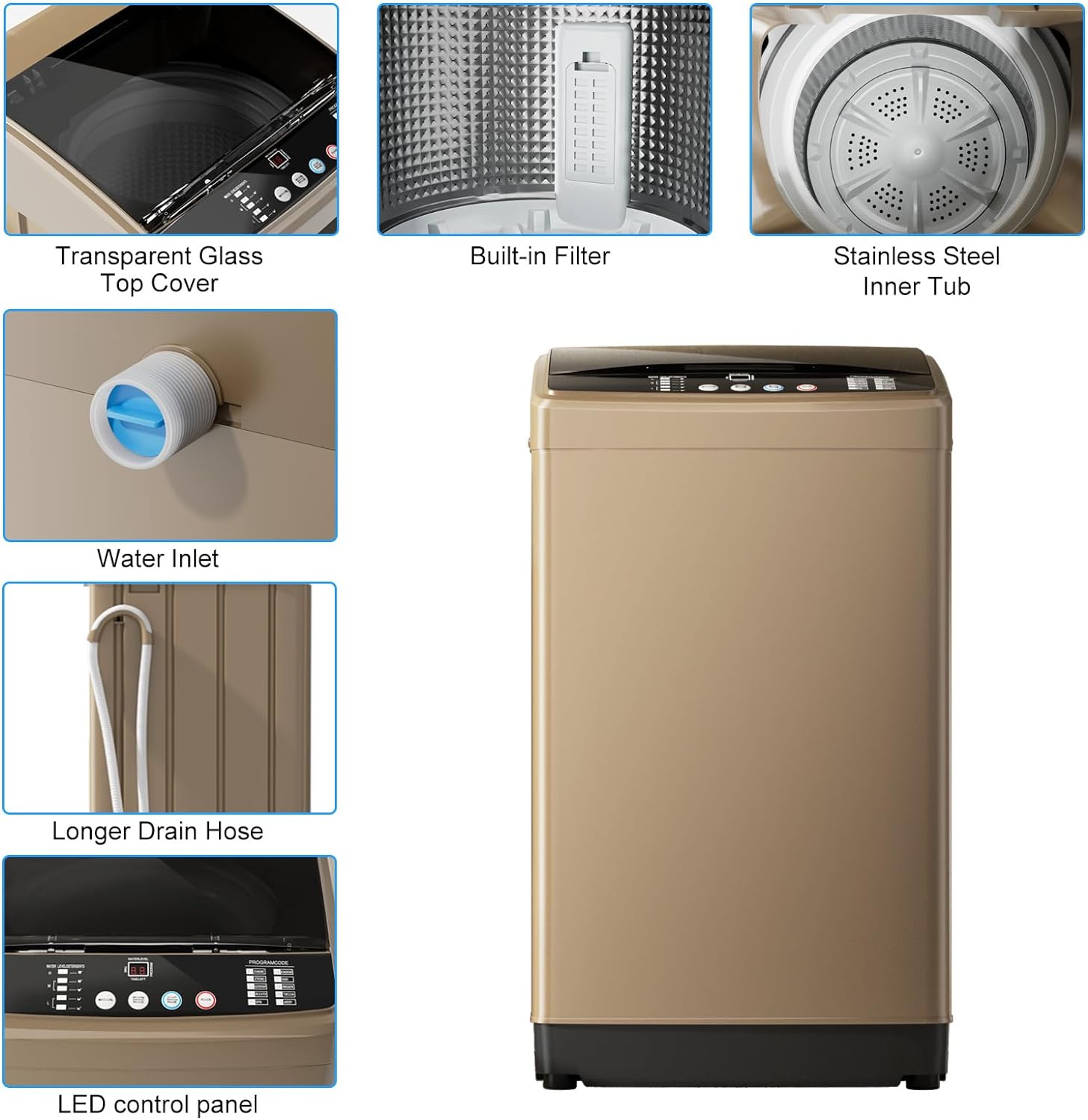 TABU Full-Automatic Washing Machine with Dryer, 2.5 Cu Ft Portable Washer with Drain Pump, 19LBS Automatic Washer Machine with 10 Wash Programs