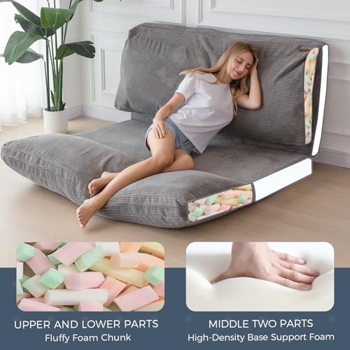 MAXYOYO Bean Bag Bed Folding Sofa Bed Floor Mattress for Adults, Extra Thick and Long Floor Sofa with Corded Washable Cover, Dark Grey, 30x95 Inch
