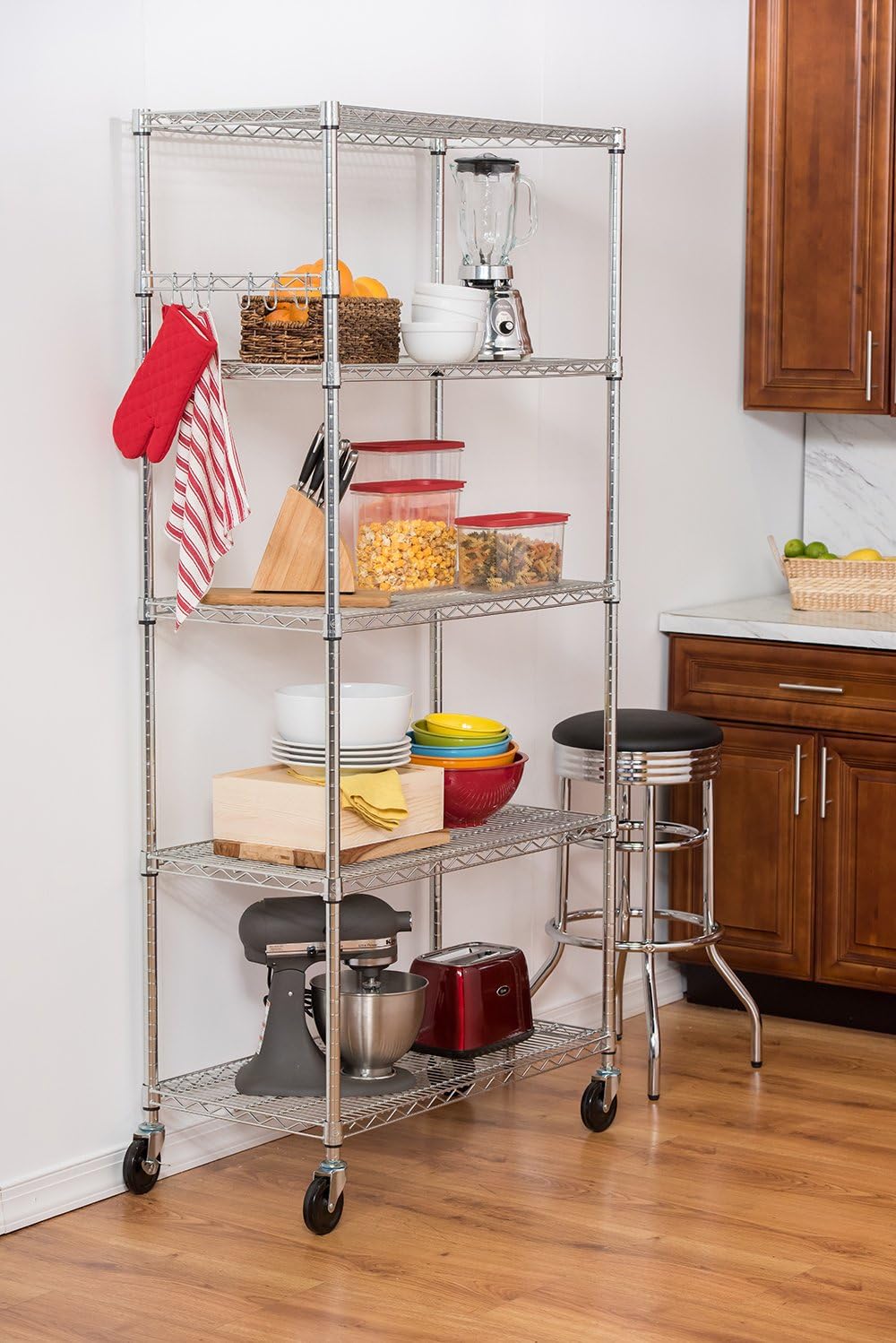 TRINITY EcoStorage Heavy Duty 5-Tier Adjustable Wire Shelving with Wheels and Storage Hooks for Kitchen Organization, Garage Storage, NSF Certified