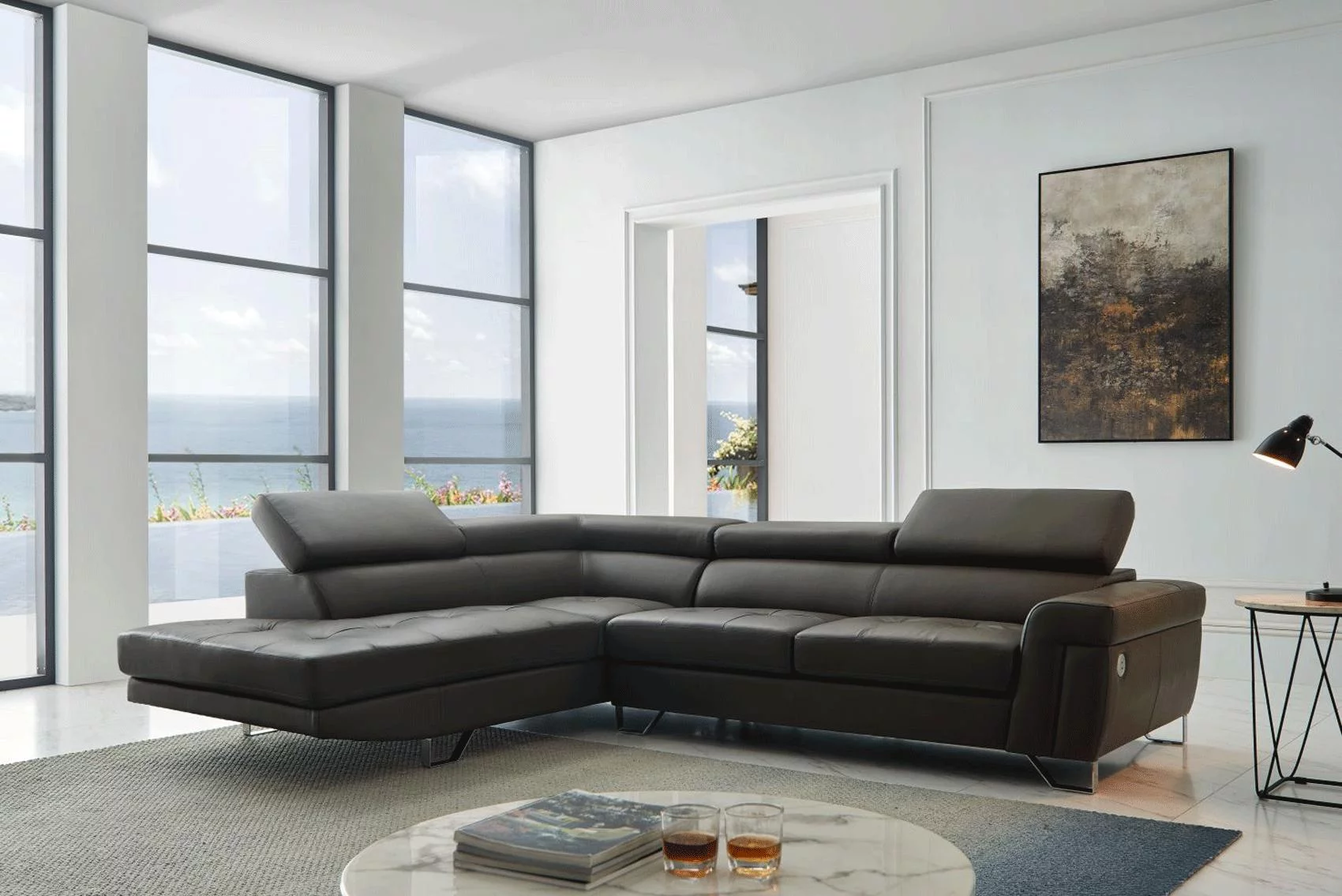 Dark Gray Top-grain Leather Sectional Sofa LEFT 1807 ESF Contemporary Modern - Radiant Selections