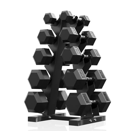 PAPABABE Hex Dumbbell Sets with Rack, 60-550lb Rubber Coated Dumbbell Weight Set and Storage Rack, Multiple Options Hand Weights for Strength Training