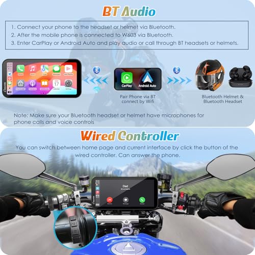 Carpuride W603 Motorcycle Carplay Screen, Wireless CarPlay & Android Auto for Moto, Remote Control，6.3" Waterproof Touchscreen, BT Trans