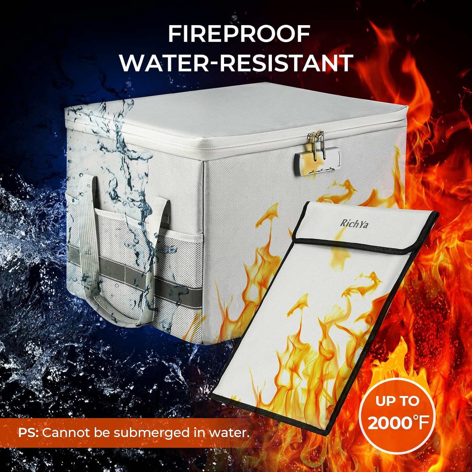 RichYa Fireproof Document Box with Lock, Foldable, with Handles, Waterproof and Fireproof Document Storage Box