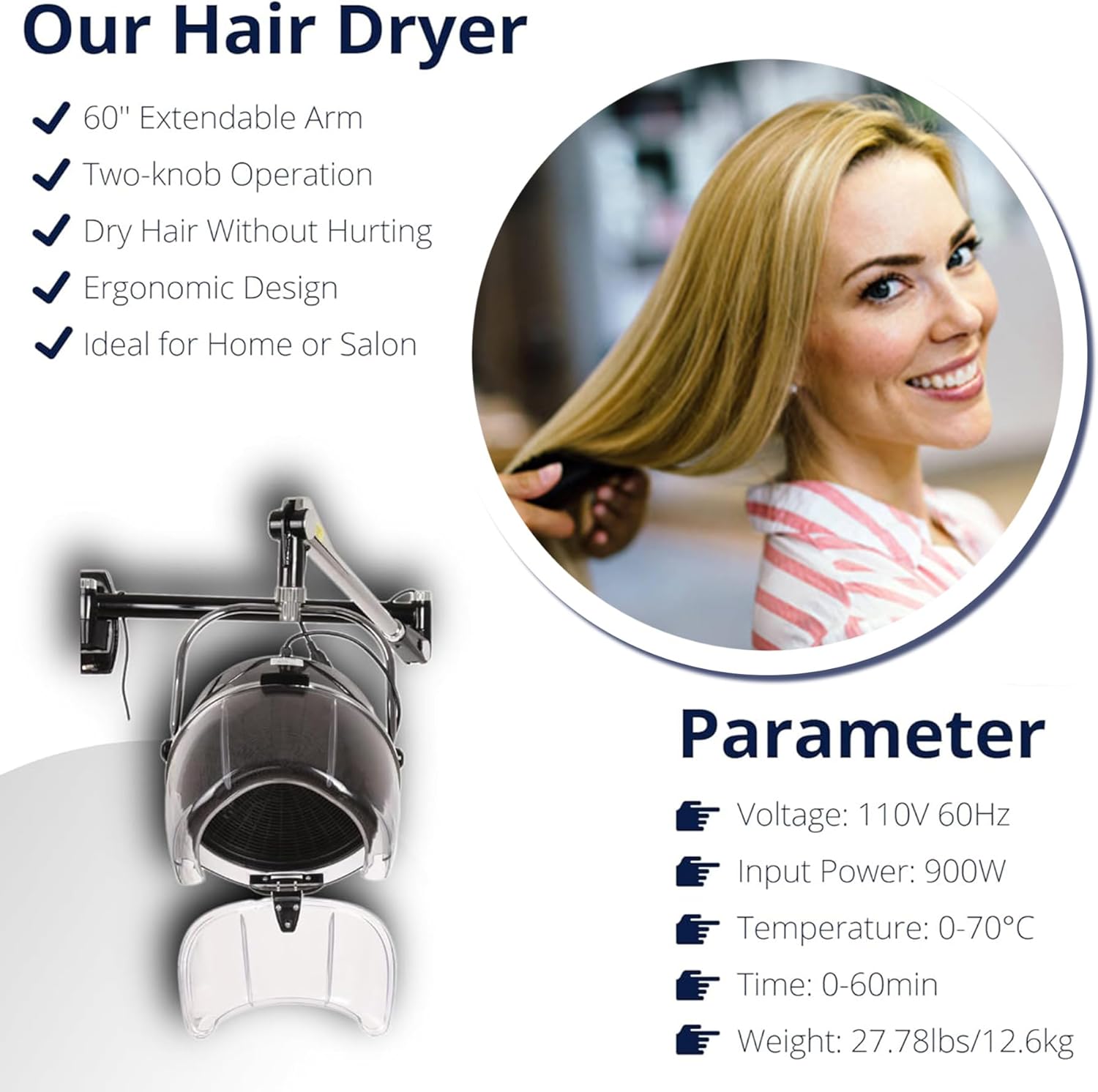 Samger Retractable 900W Wall Mounted Hair Hood Dryer Professional Hair Dryer with Flexible Swivel Arm Built-in 60min Timer Adjustable Temperature 70℃