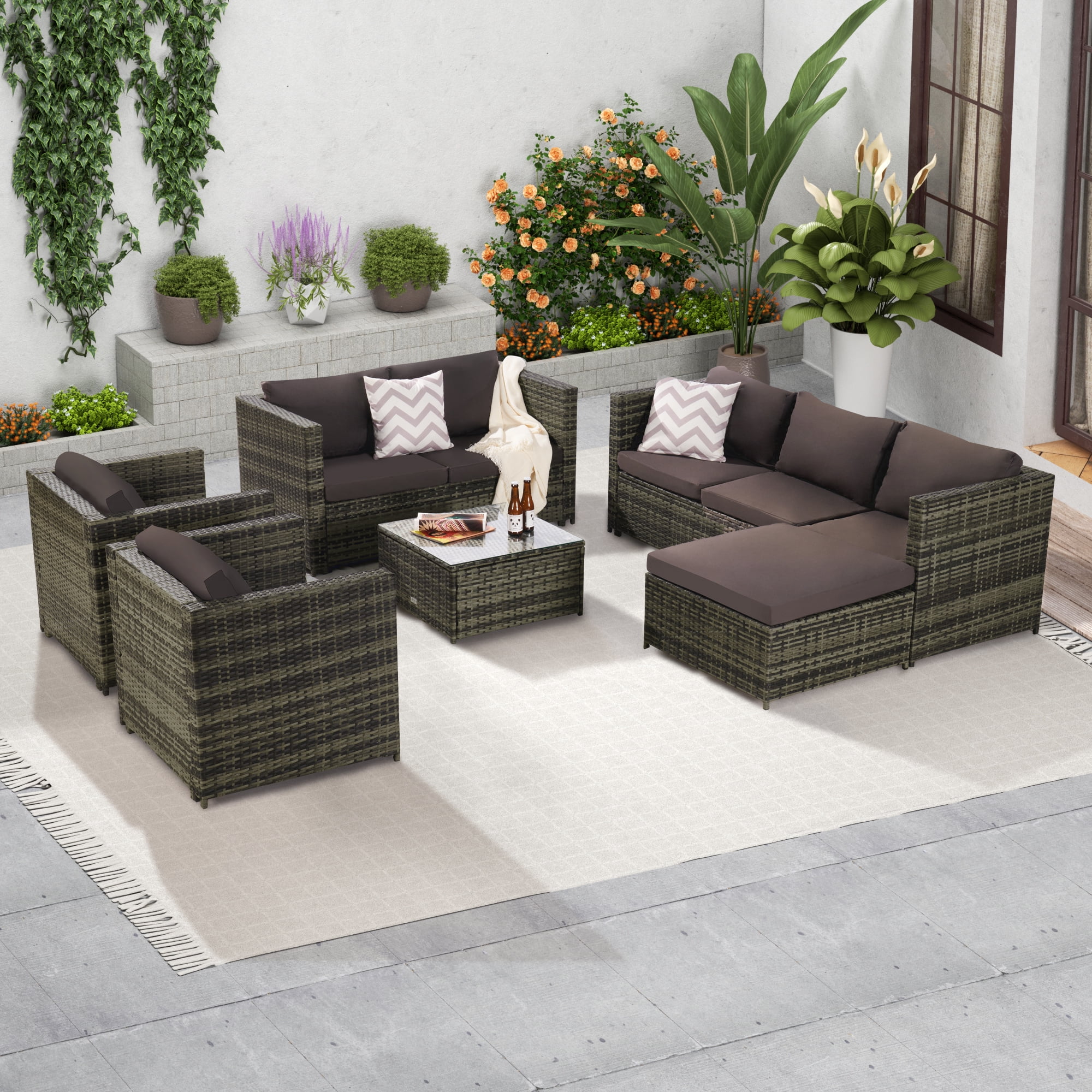 Highsound 6 Pieces Outdoor Patio Furniture Set, All-Weather Patio Outdoor Conversation Sectional Set with Coffee Table & Ottoman, Wicker Sofas