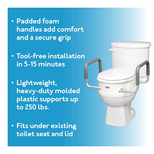 Carex 3.5 Inch Raised Toilet Seat with Arms - For Elongated Toilets, Elevated Toilet Riser with Removable Padded Handles, Easy On and Off