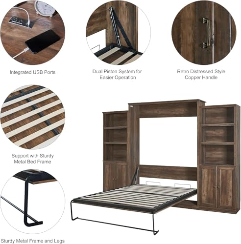 MERITLINE Queen Size Murphy Bed with Storage Bookcase Shelves,Cabinet and Charging Station,Wood Folding White Murphy Wall Bed