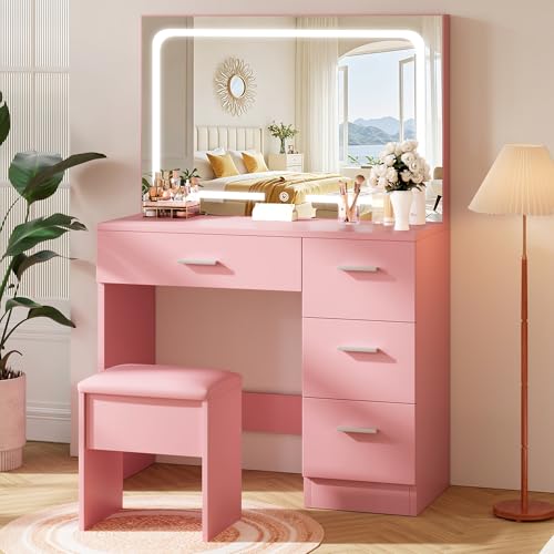 Vanity Desk with LED Mirror, Makeup Vanity with Drawer and Cushion Stool, Dressing Table for Bedrrom, White