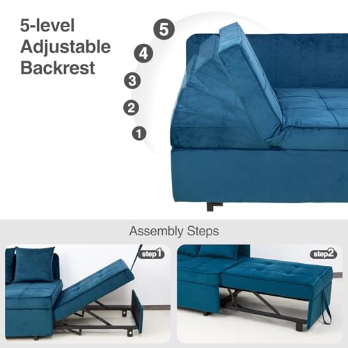 Sofa Bed 4-in-1 Convertible Pull Out Couch, Velvet Love seat Couch Sleeper Chair Bed with 2 Throw Pillow