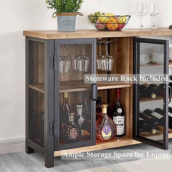 BON AUGURE Industrial Bar Cabinet for Liquor and Glasses, Rustic Wood and Metal Wine Rack Table, &nbsp;Accent Sideboard Buffet with Doors (47 Inch