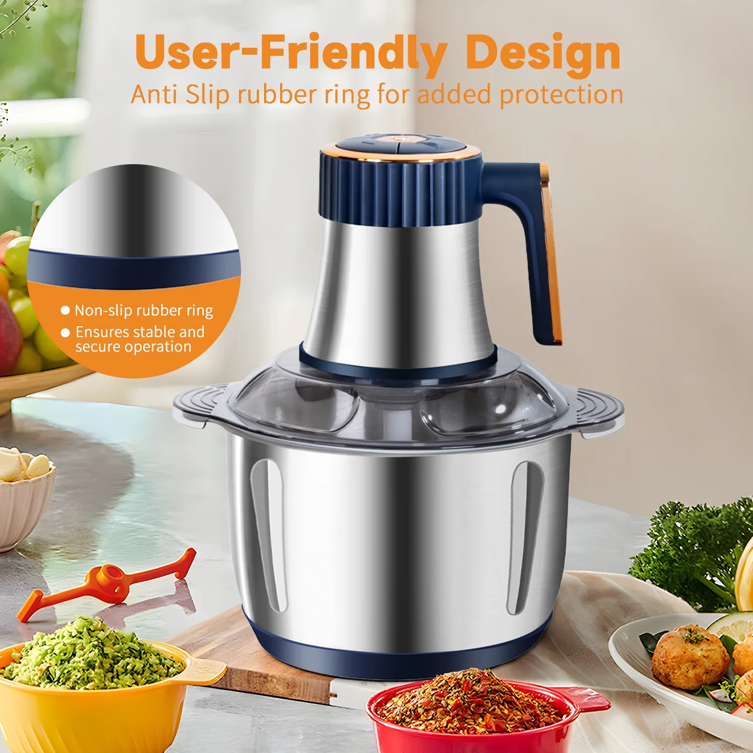 Food Processors with 2 Bowls, Meat Grinder, Food Chopper Electric, 2 Speed, 8Cup Glass and 8Cup 304 Stainless Steel, 2 Blades, Spatula Green Blue