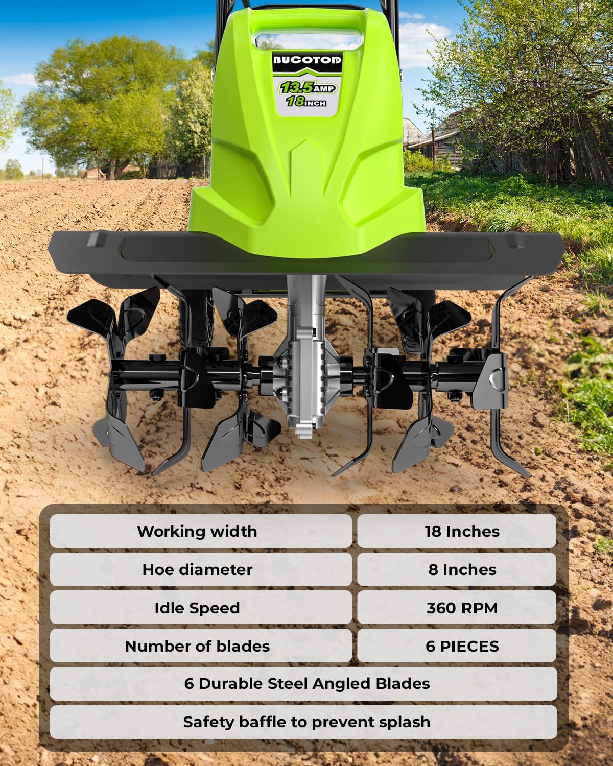 18-Inch 13.5 Amp Tiller/Cultivator with 6 Steel Tines, 3-Adjustable Wheels, Foldable Handle, 8'' Tilling Depth Electric Corded Tillers