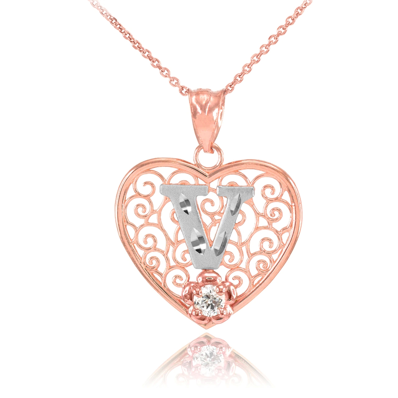 TWO TONE ROSE GOLD FILIGREE HEART "V" INITIAL CZ PENDANT NECKLACE :  14K  Pendant with 20" chain