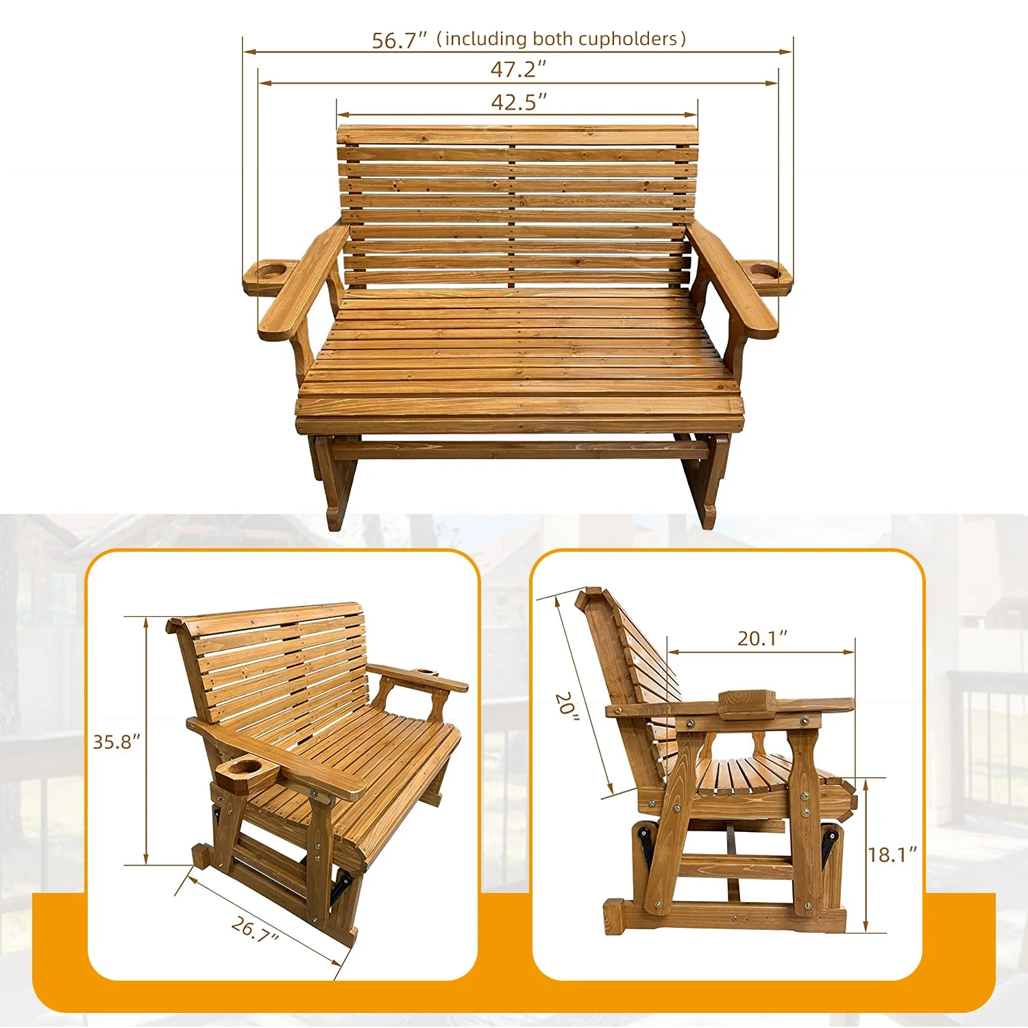 Innovaze 4 Foot Solid Fir Wood Patio Glider with Cupholders, High Roll Back, and Deep Contoured Seat, Brown