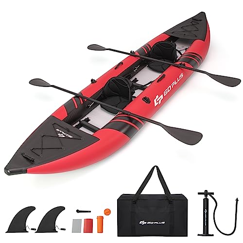 Goplus Inflatable Kayak, 2-person Kayak Set for Adults with 507 LBS Weight Capacity, 2 Aluminium Oars, EVA Padded Seat, 2 Fins, Hand Pump, Carry Bag