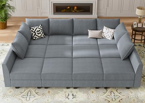 HONBAY Modular Sofa Sectional Sleeper Couch with Ottomans Reversible Sleeper Sectional Sofa Modular Couch with Storage, Aqua Blue