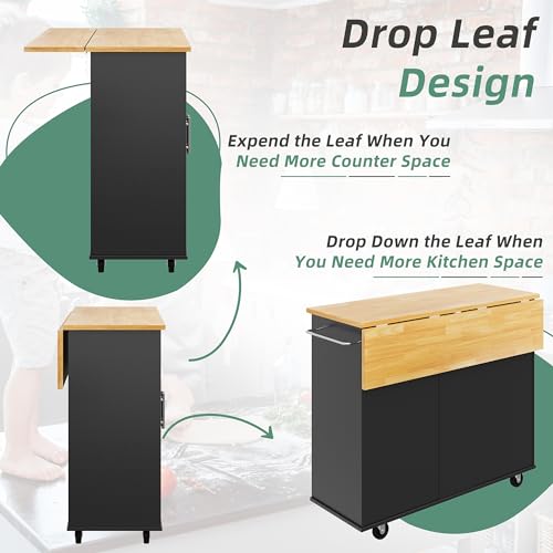 Shintenchi Rolling Kitchen Island Cart with Folding Drop Leaf Breakfast Bar, Portable Trolley Island with Large Storage Cabinet, Shelf and Drawer