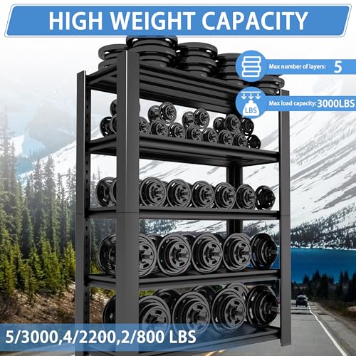 5-Tier Heavy Duty Garage Shelving Unit, 3000 LBS Capacity Metal Storage Rack 72" H x 48" W x 20" D, Adjustable Steel Shelves for Garage, Warehouse