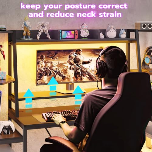 SEDETA Gaming Desk 78.8'' with LED Lights, Hutch and Storage Shelves, Computer Desk with Monitor Stand, Large PC Gamer Desk Workstation