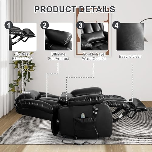 EDILLY Large Genuine Leather Power Lift Recliner Chairs for Elderly, Dual Motor with Massage and Heating,Double Lumbar Cushion and Extended Footrest