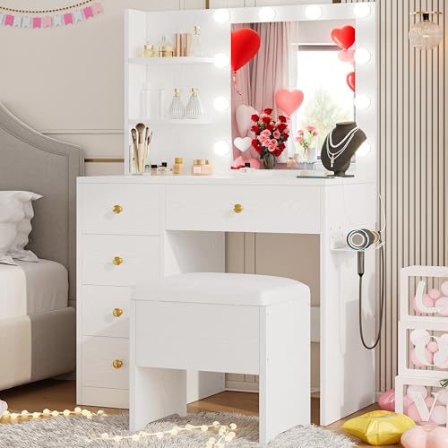 IRONCK Vanity Desk with Mirror and Lights, Small Makeup Vanity Table with 5 Drawers, Power Outlet, and Vanity Stool, 3 Lighting Colors