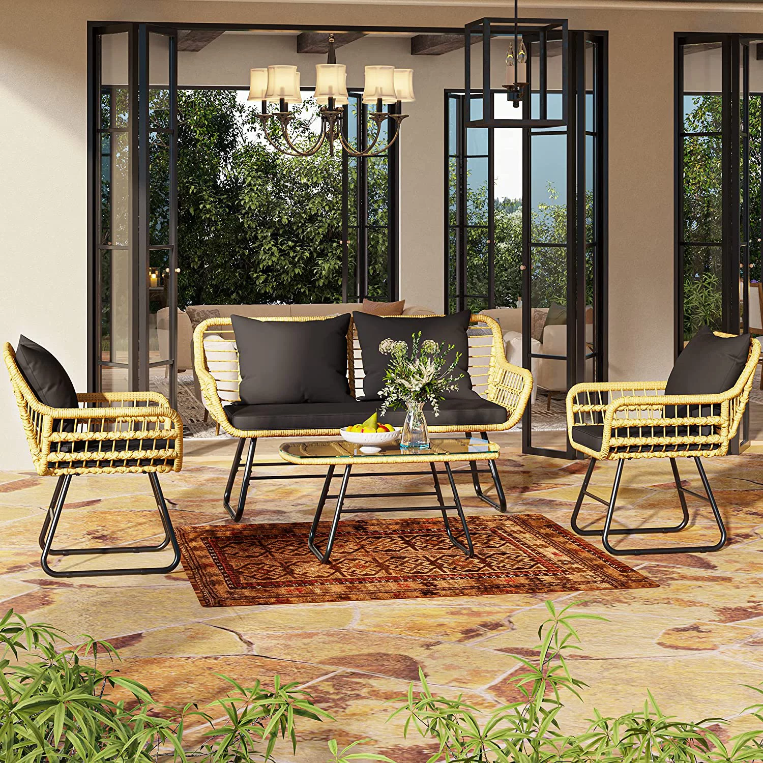Dextrus 4-Piece Patio Furniture Wicker Outdoor Bistro Set, All-Weather Rattan Conversation Loveseat Chairs for Backyard