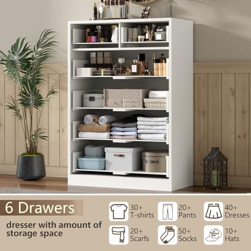 6 Drawer Dresser for Bedroom, Tall White Dresser with Large Organizer, Modern Chest of Drawers, Wooden Dresser with Deep Storage Drawer