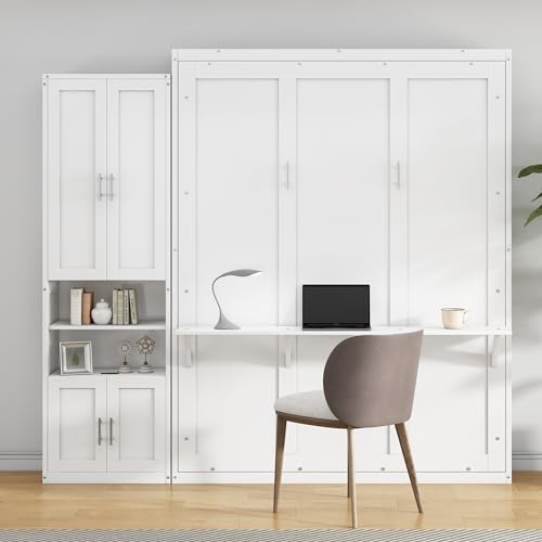 MERITLINE Queen Murphy Bed with Storage Cabinet，Bookcase，Shelves and Charging Station,Wood Folding White Murphy Wall Bed Cabinet for Adults