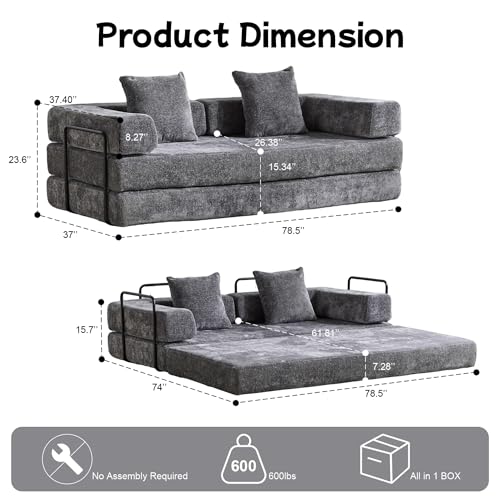 Convertible Floor Sofa Bed, Foldable Mattress Cloud Couch with Pillow Back & Armrest, Chenille Sleeper Sofa Bed with Fixed-Shape Frame