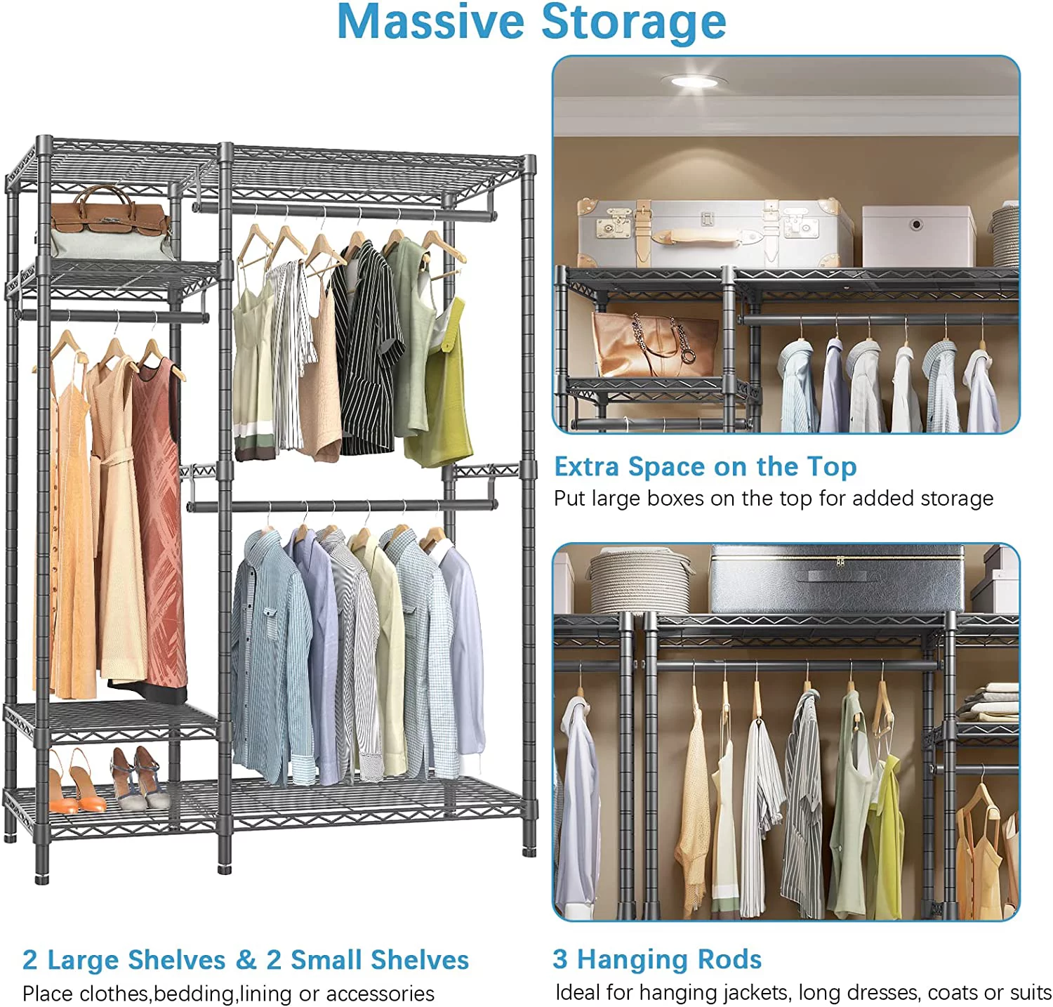 V2S Garment Rack Heavy Duty Metal Clothing Rack, 4 Tiers Wire Shelving Clothes Rack with 3 Hanging Rods