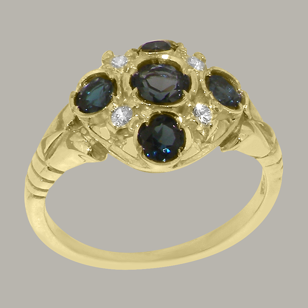 LBG British Made 14k Yellow Gold Natural London Blue Topaz & Diamond Womens Statement Ring - 33 size options - Size 10