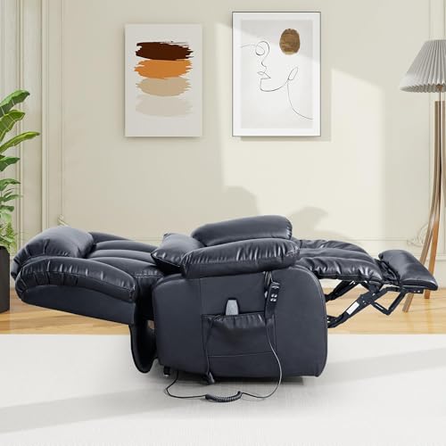 EDILLY Large Genuine Leather Power Lift Recliner Chairs for Elderly, Dual Motor with Massage and Heating,Double Lumbar Cushion and Extended Footrest
