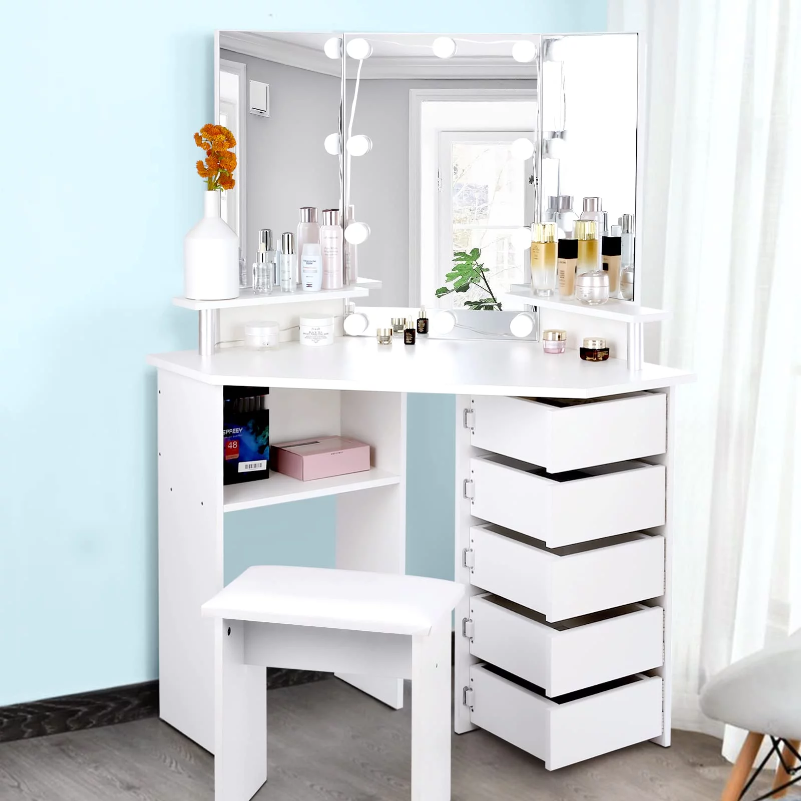Corner Vanity Table Stool Lights Set for Modern Bedroom