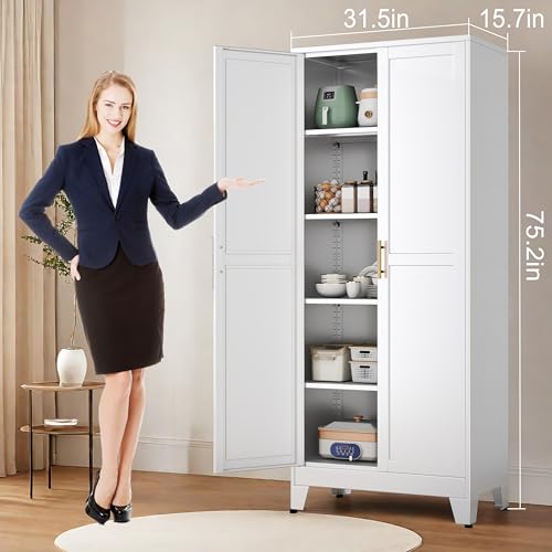 75.2”H Pantry Storage Cabinet, Kitchen Storage Cabinets with Adjustable Feet and Shelves, Metal Pantry Cabinet for Kitchen, Living Room