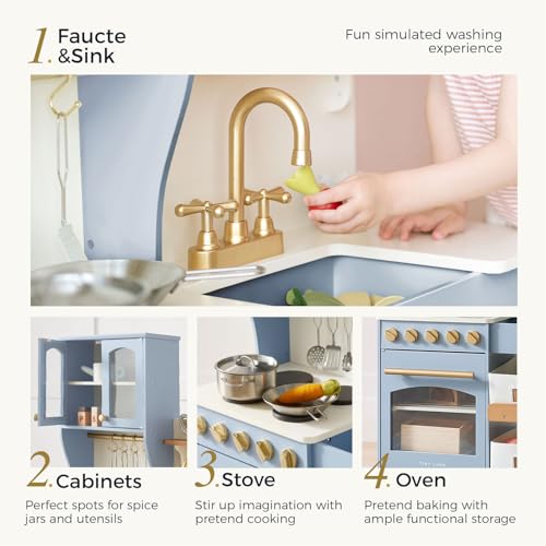 Tiny Land Play Kitchen for Kids with Enhanced Storage – Modern Toddler Kitchen Playset with Stove, Sink & Accessories, Organized Wooden Toy Kitchen