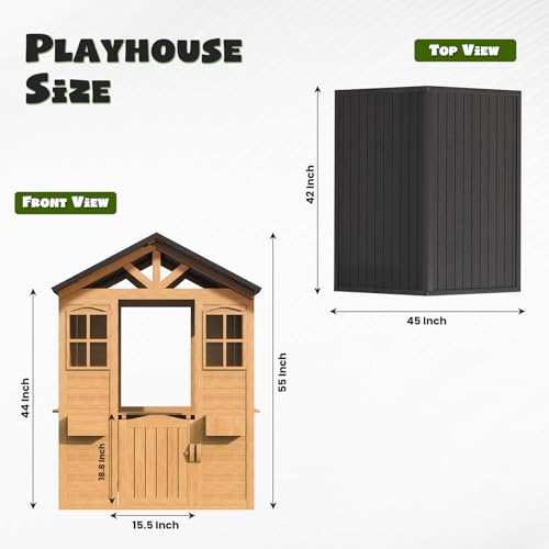 All Spruce Outdoor Kids Playhouse, Toddler Playhouse Wooden Playhouse for Kids Ages 3-10, with Sink, Stove, Flower Pot Holders, Phone
